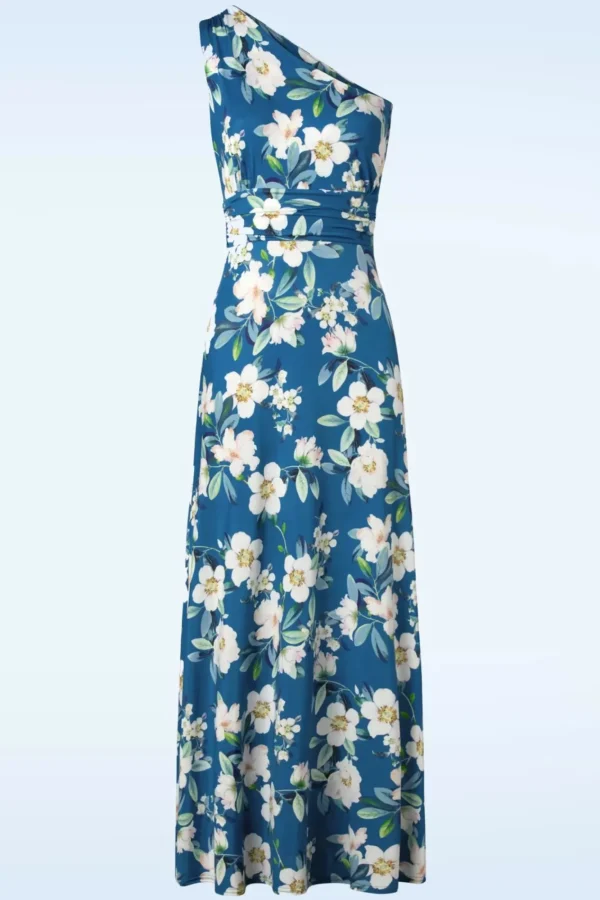 Store Vintage Chic for Topvintage Olga Flowers One Shoulder Maxi Jurk In Blauw